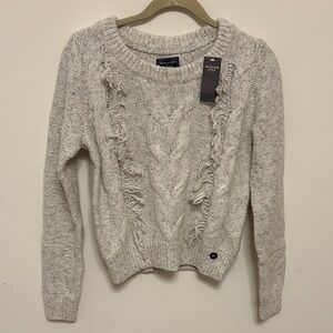 Abercrombie Heather Gray Cable Knit Sweater cottagecore fringe size XS NWT